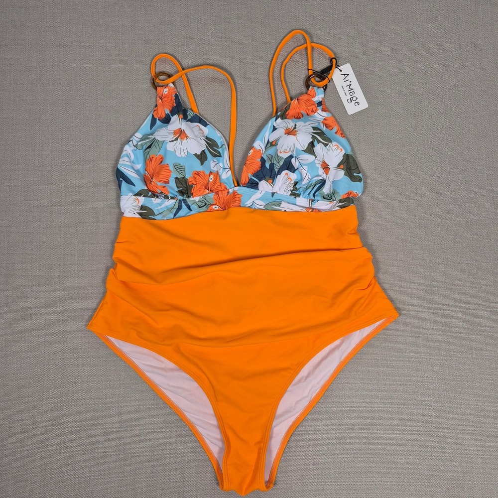 Aimage Floral One Piece Swimsuit Orange Tropical Tummy Control 2XL NWT